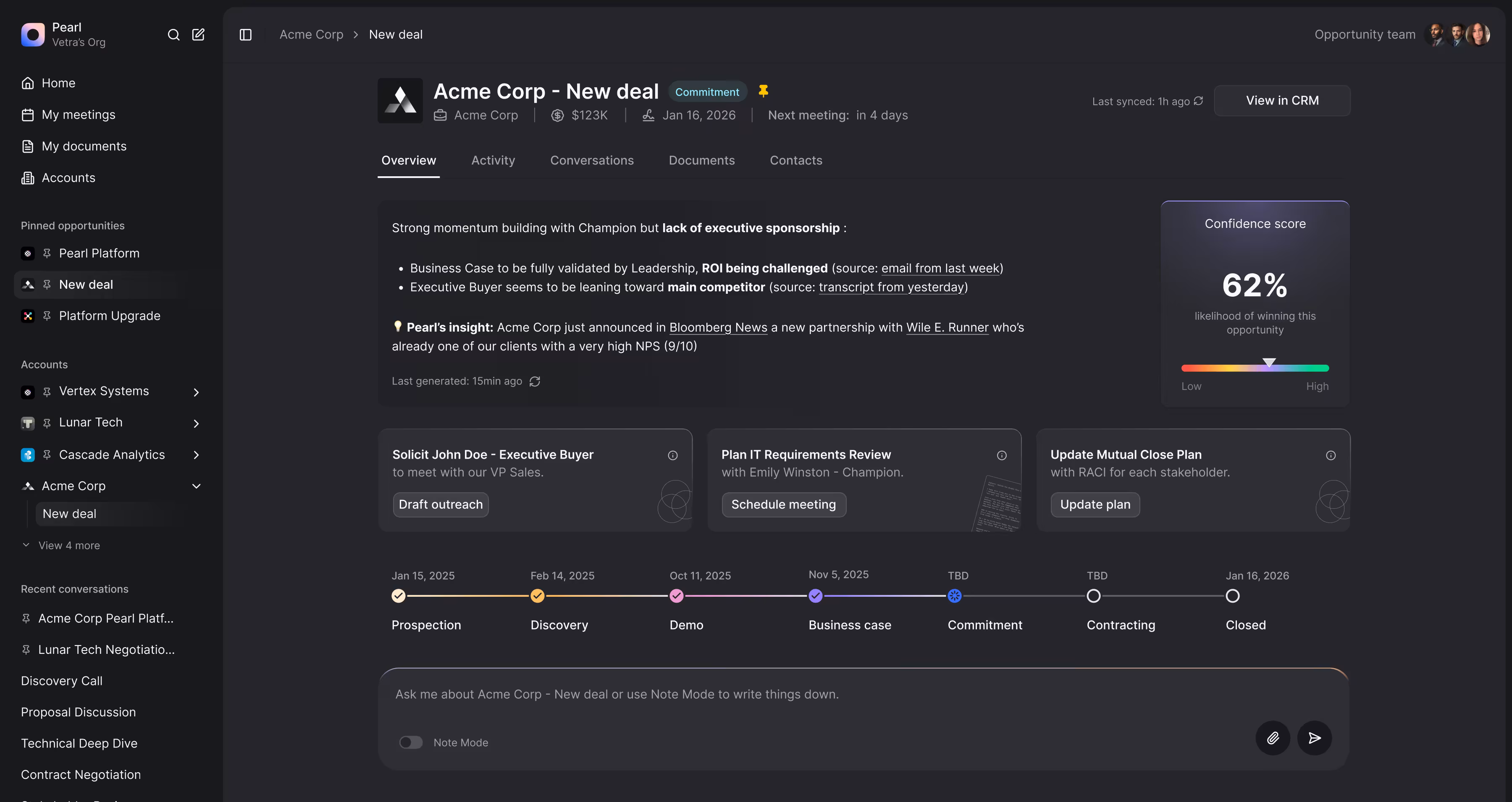 Dashboard interface Pearl